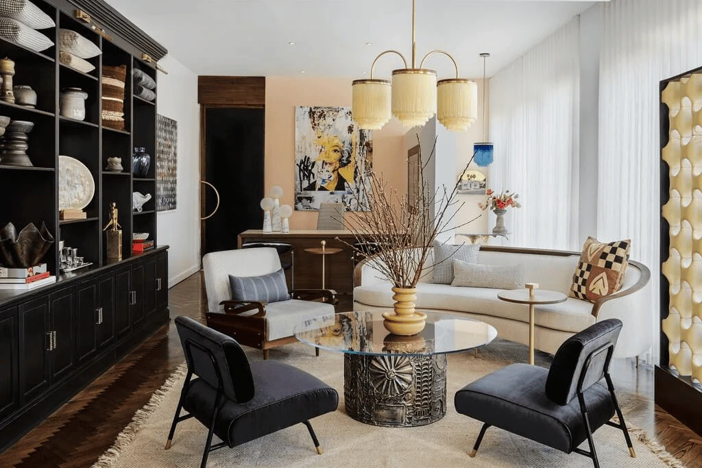 Art deco interior design style lounge with brass lighting and lacquered joinery