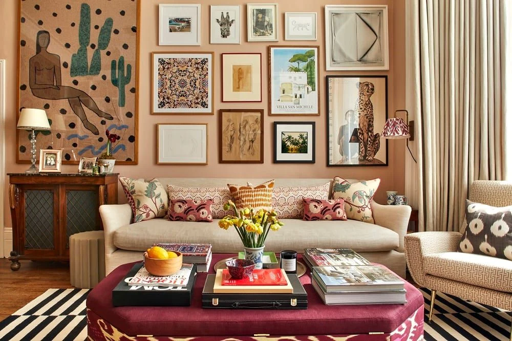 Classic interior design styles living room with gallery wall and layered pattern