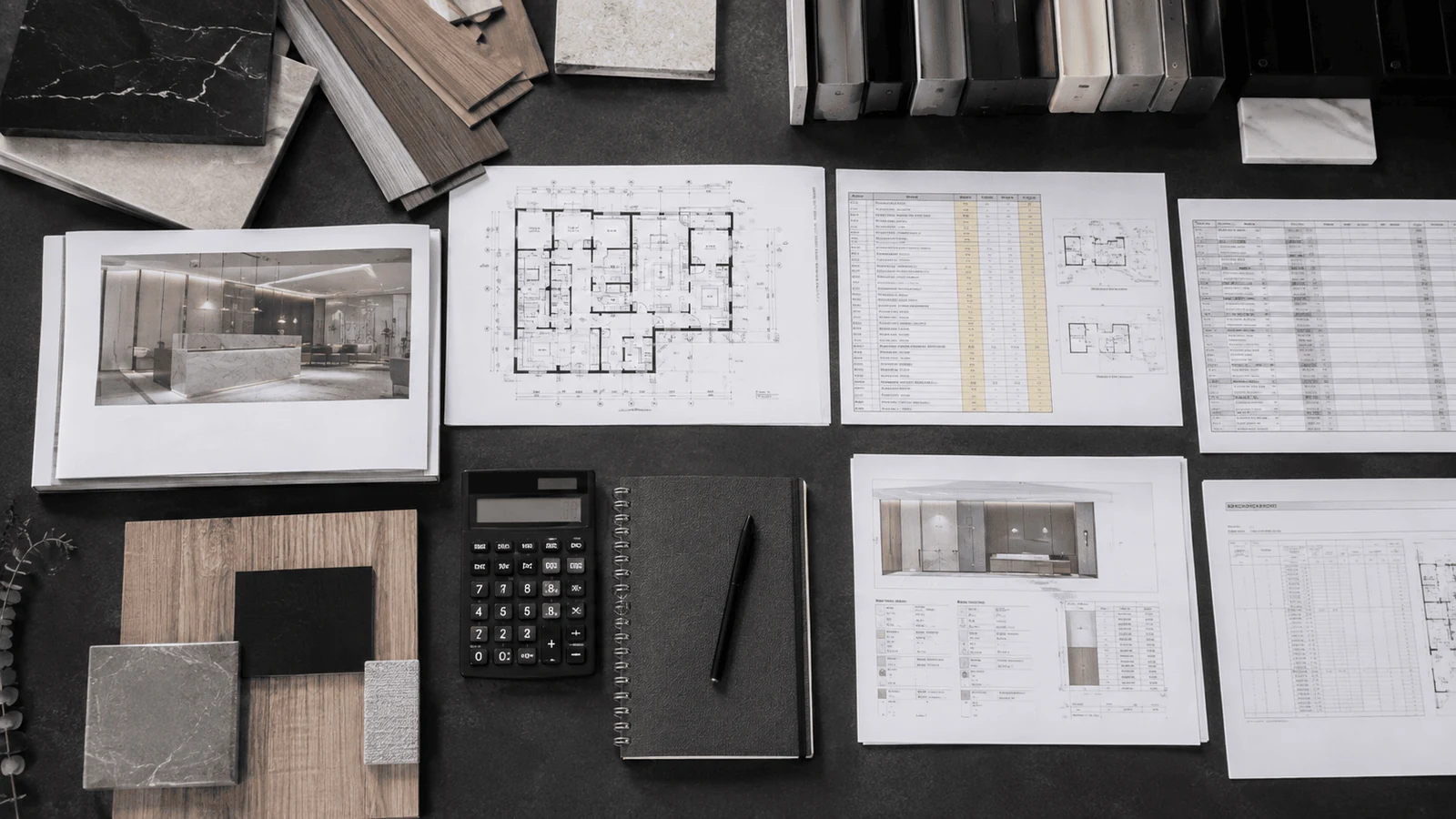 Floor plans cost sheets and samples used for comparing quotations from fit out companies