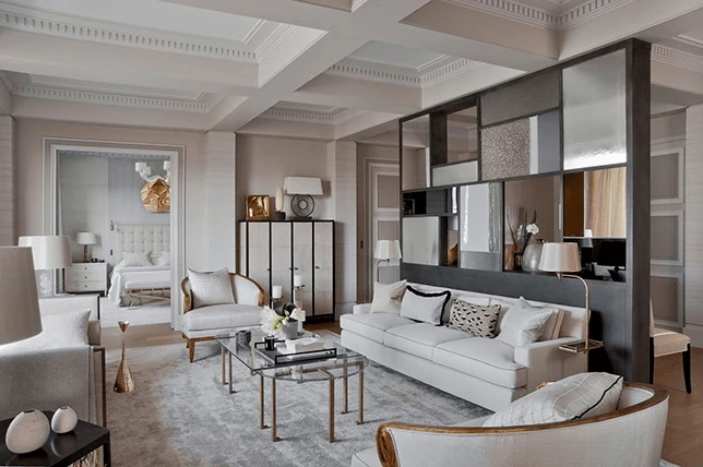 Contemporary interior design style living room with coffered ceiling and neutral palette