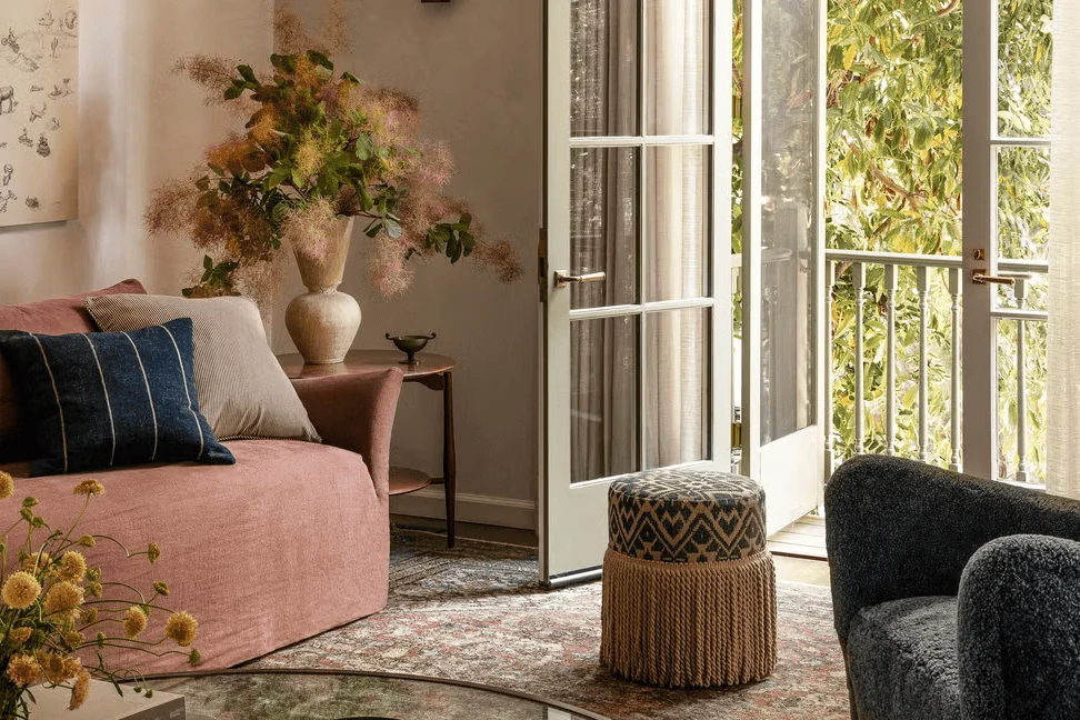 Cottage interior design style living room with soft colour and garden doors