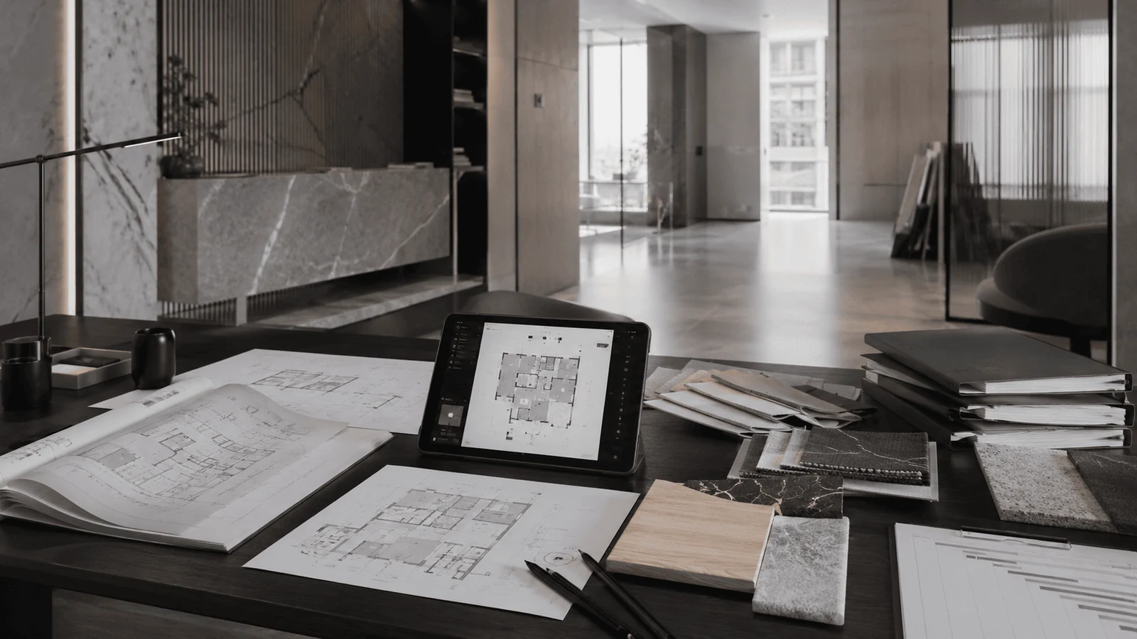 Tablet drawings and samples on a desk showing how a fit out company communicates during a project
