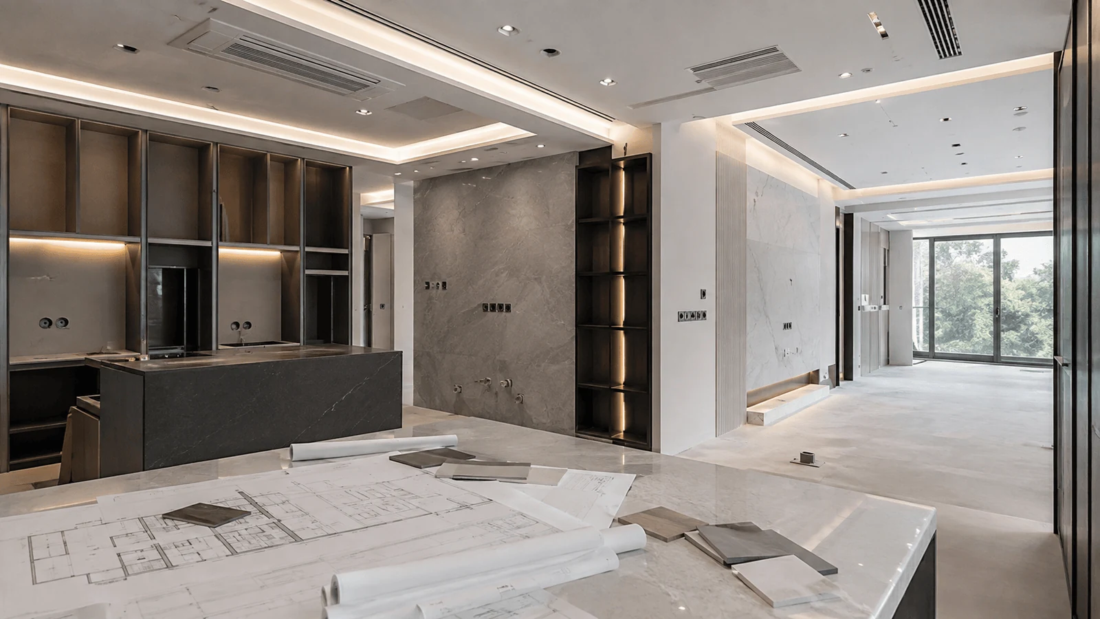 Interior under construction with drawings showing design and MEP coordination by a fit out contractor