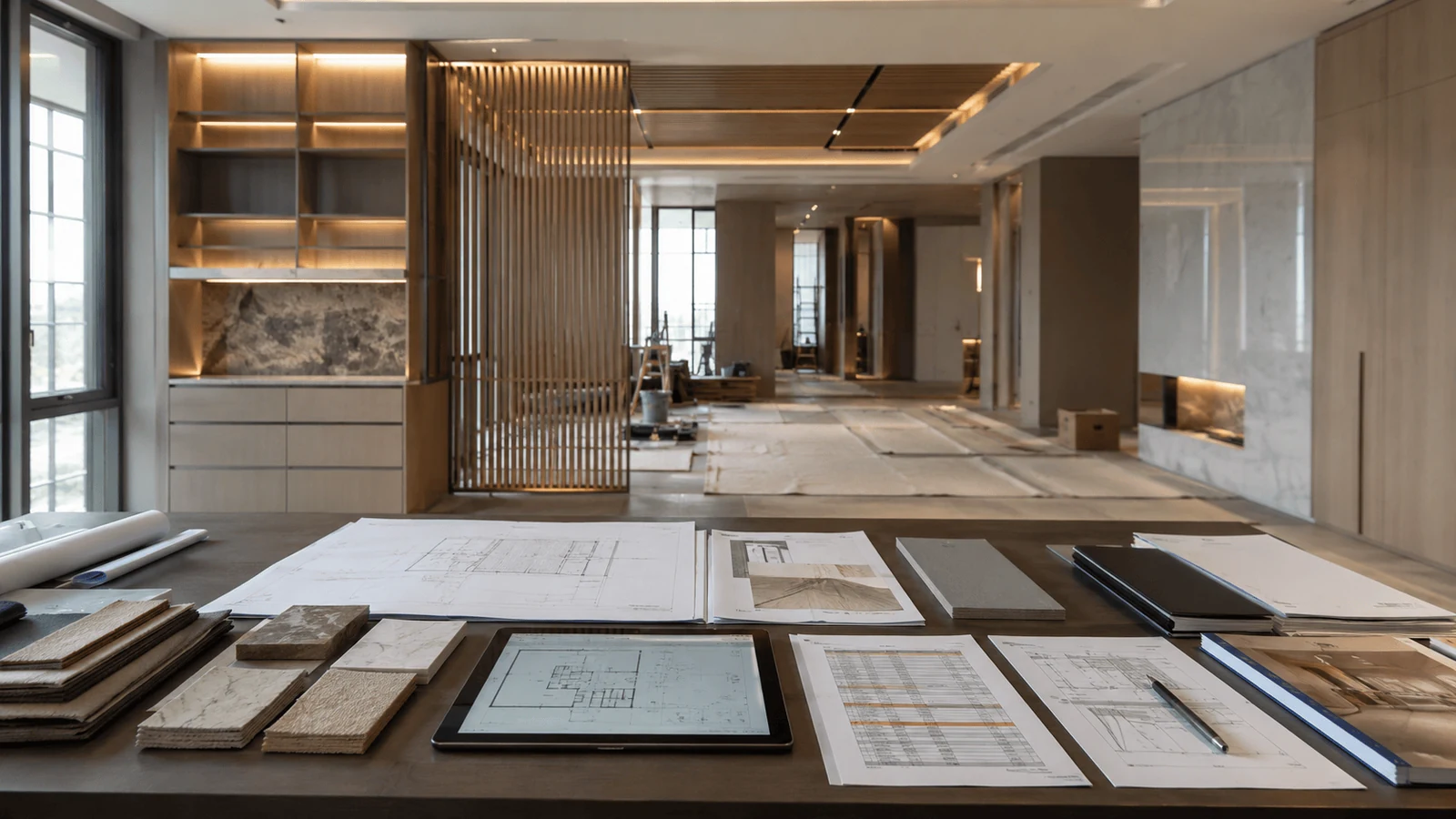 Project drawings and samples on a site table showing how a fit out company manages delivery