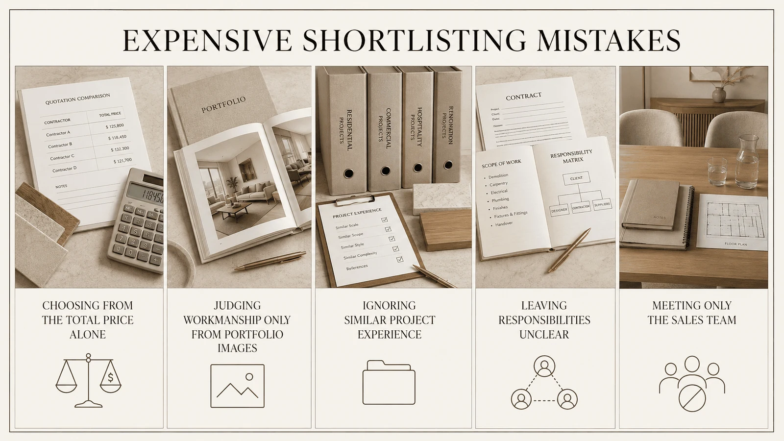 Infographic showing five shortlisting mistakes to avoid when choosing a fit out company