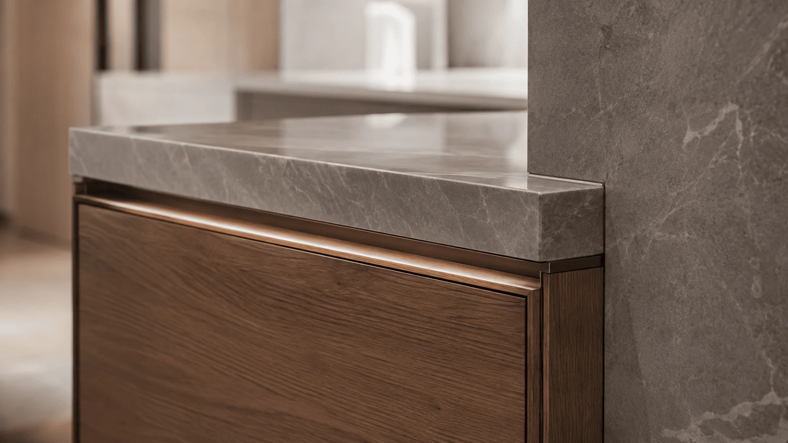 Close up of stone and timber joinery showing workmanship quality from a fit out contractor