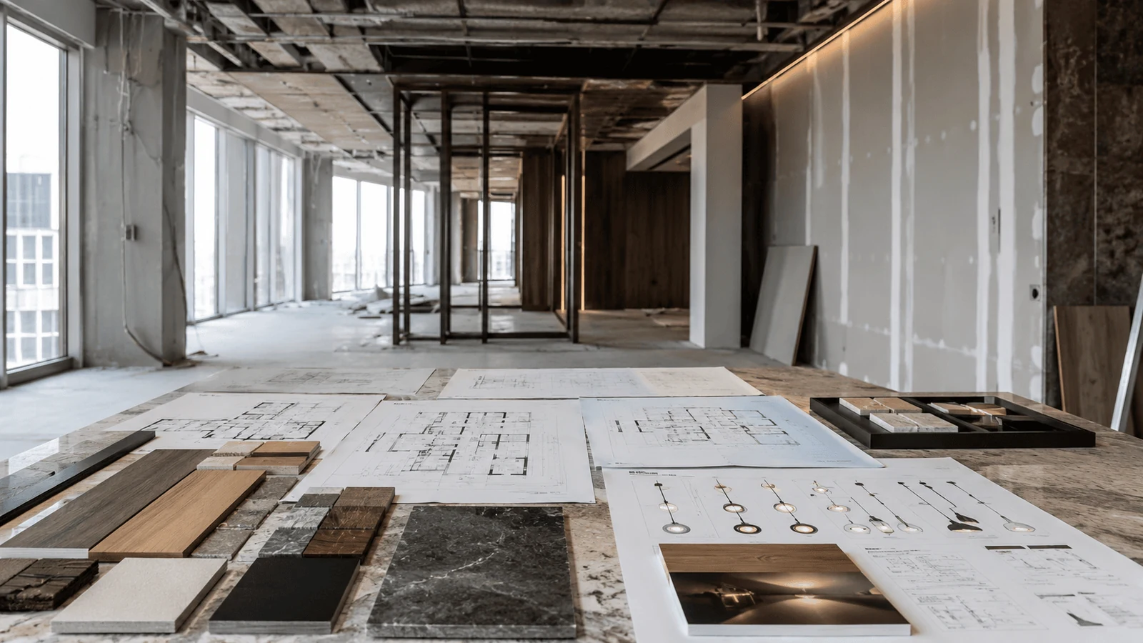 Drawings and material samples in an unfinished space showing interior fit out services scope