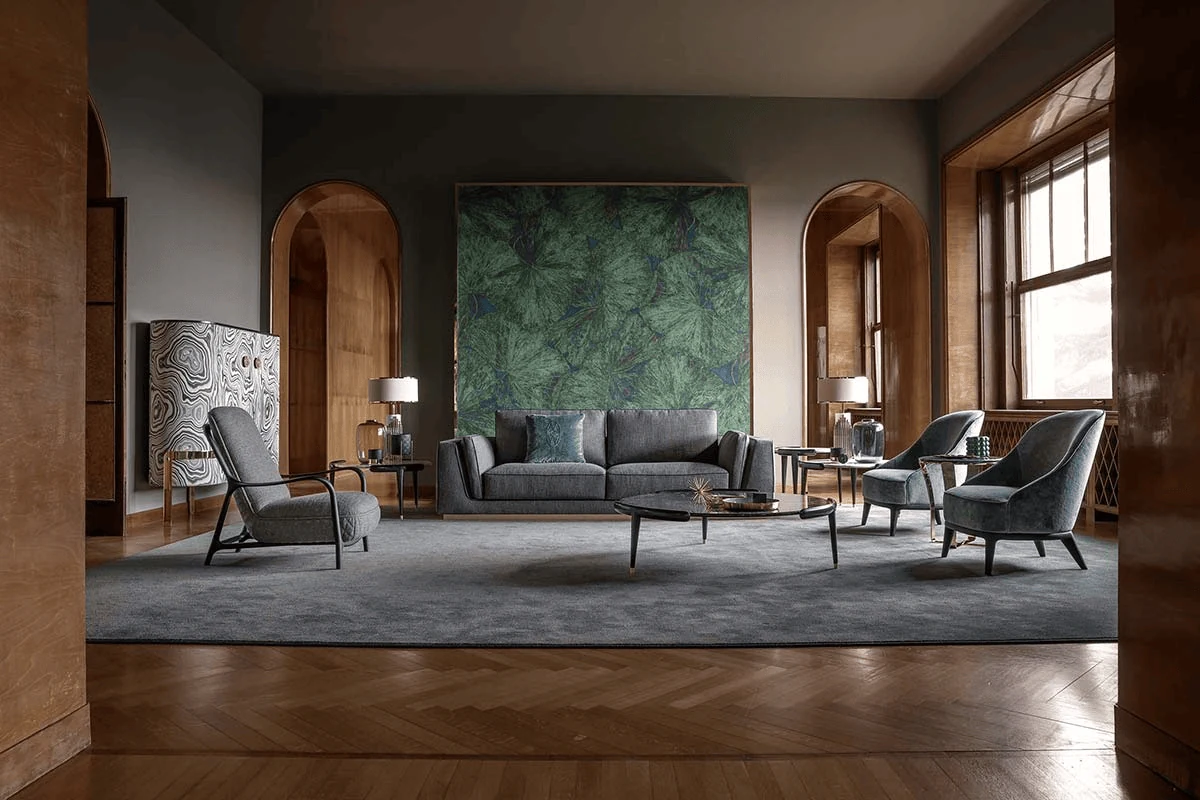 Italian interior design style living room with parquet flooring and modern furniture