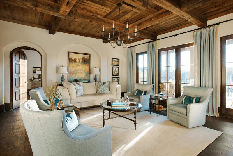 Italian villa style among the most luxurious interior design styles with a timber beamed ceiling