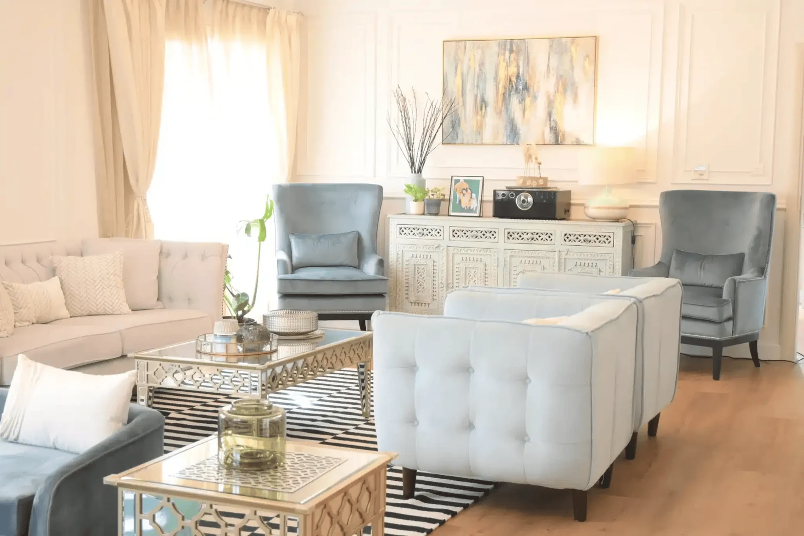 Furnished luxury living room showing residential detailing delivered by a fit out company