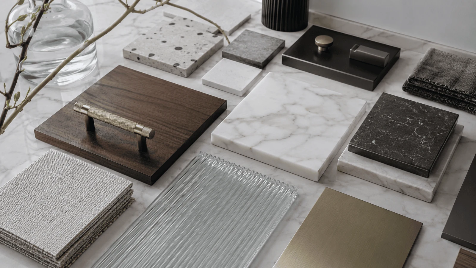 Marble timber glass and metal samples showing premium material specification by an interior fit out company