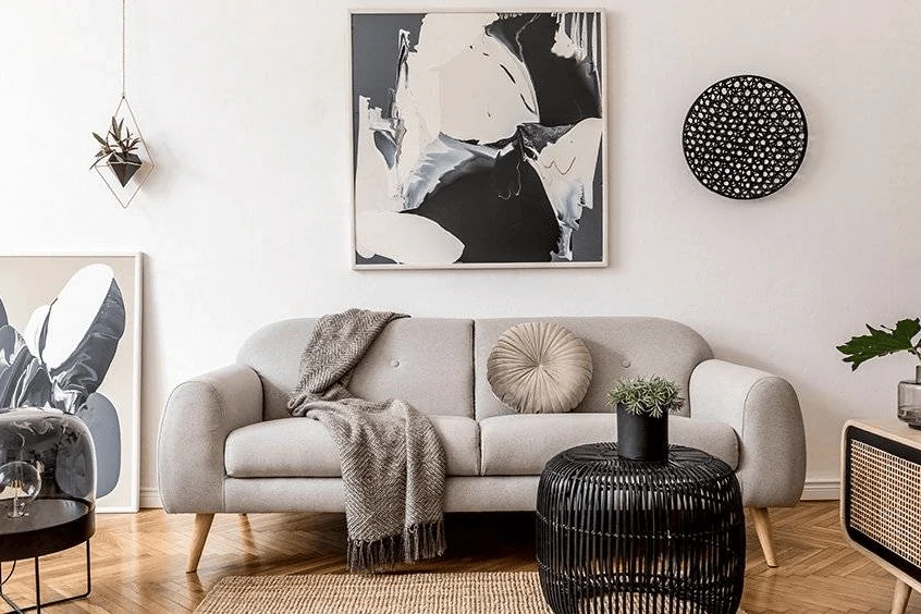 Retro interior design style living room with mid century furniture and art