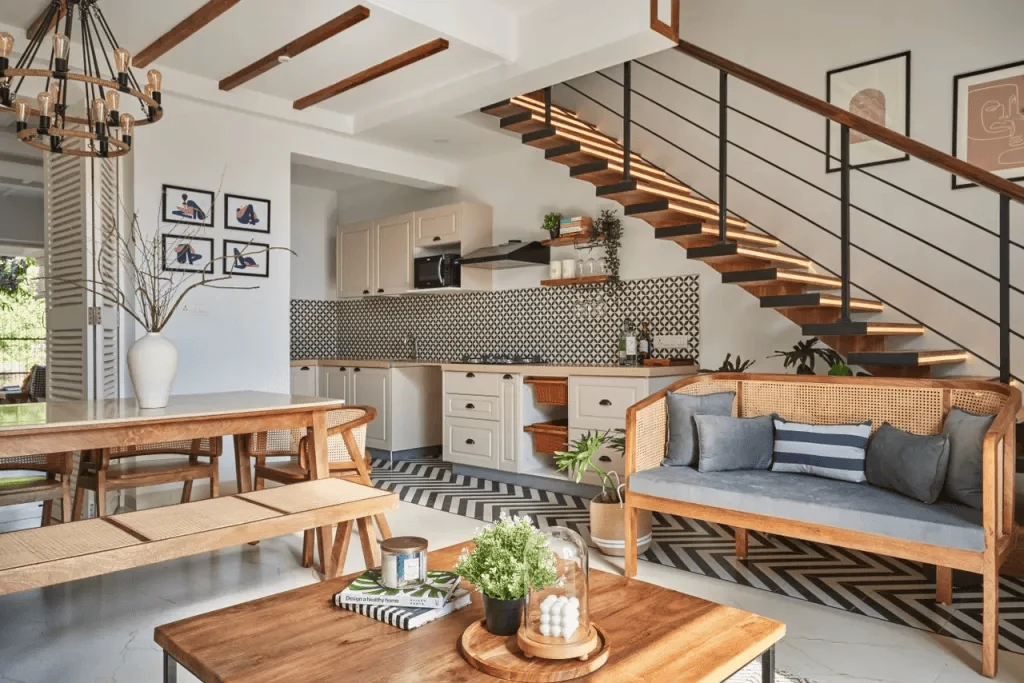 Scandinavian interior design style living room with oak joinery and natural light