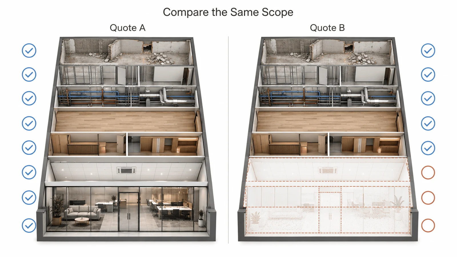 Cost sheets and drawings used to compare fit out quotations and BOQ line items