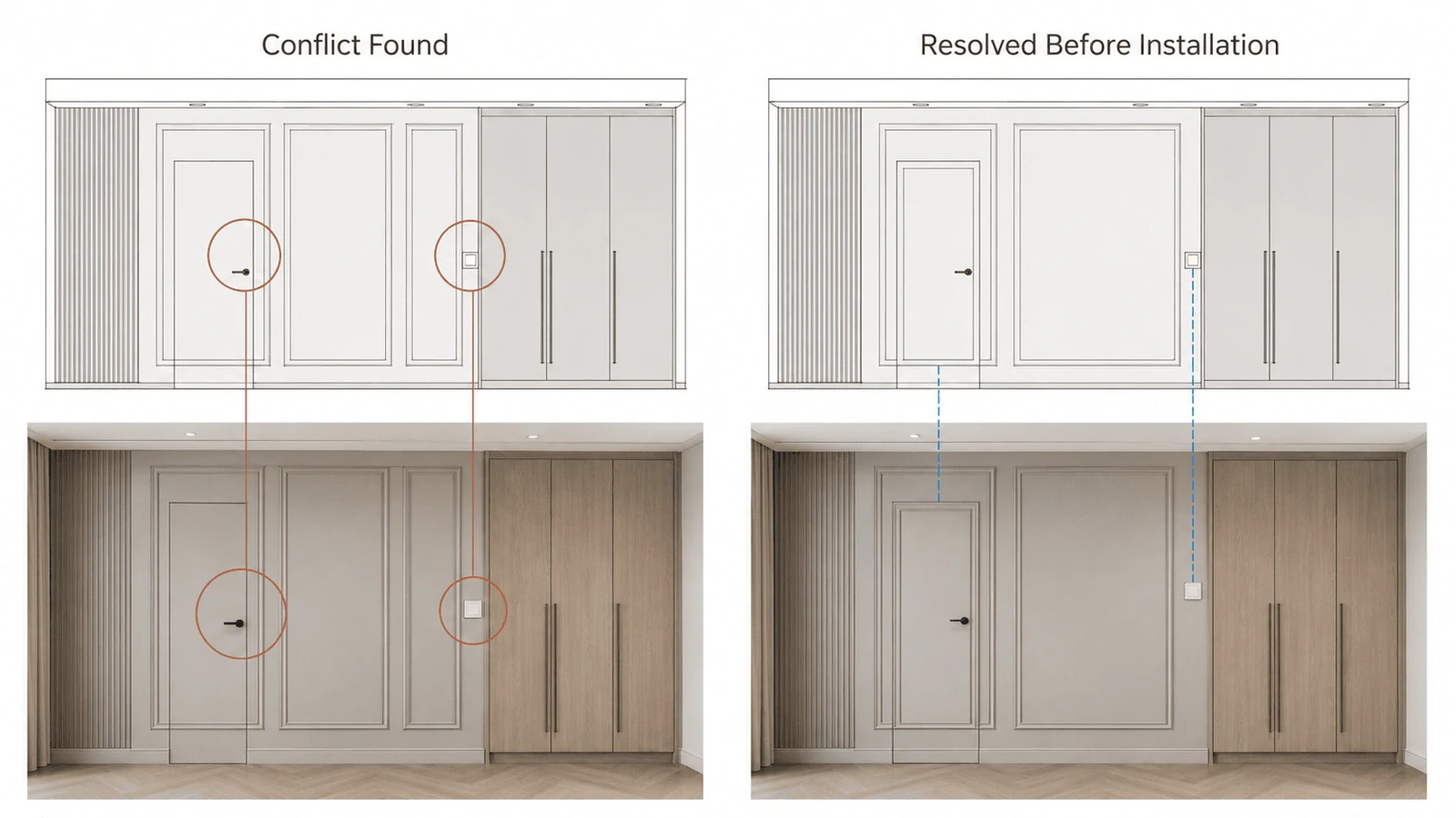 Drawings and material samples showing interior design coordinated with fit out execution