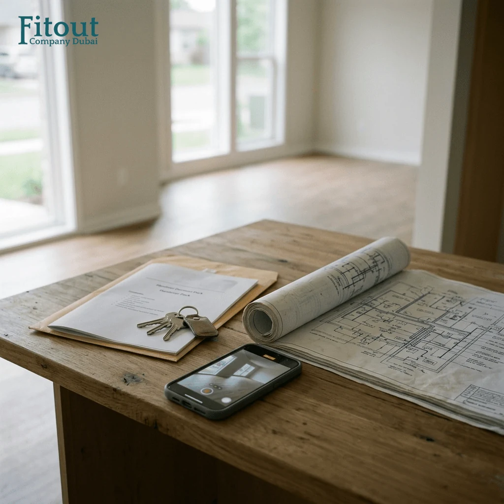 Keys documents and drawings on a table at developer handover before fit out work begins