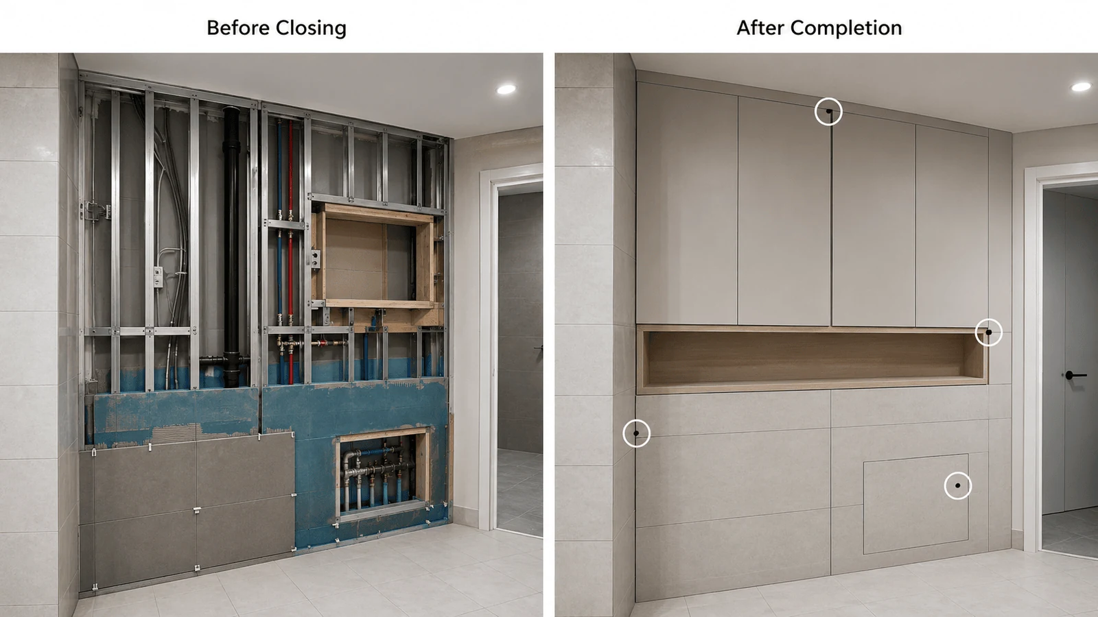 Close detail of joinery and tile joints used to inspect fit out workmanship