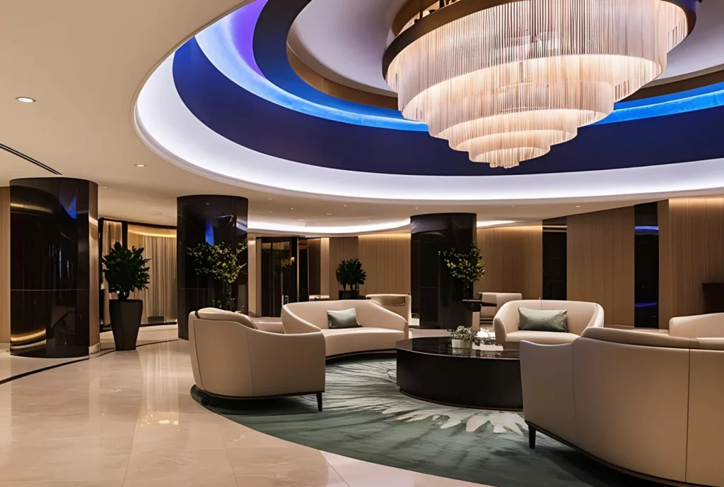Curved ceiling and chandelier in a hospitality lounge by an interior fit out company in Dubai