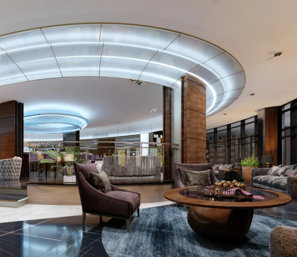 Illuminated curved ceiling over a lounge showing the vision of an interior fit out company in Dubai