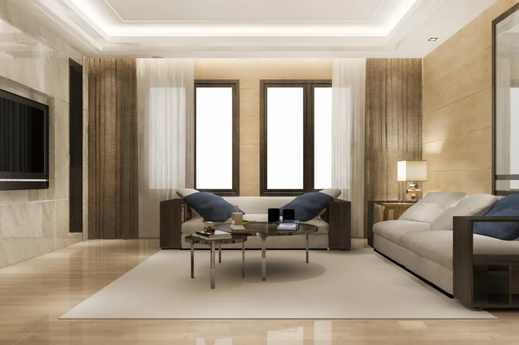 Marble clad living room showing luxury residential work by a fit out company in Dubai