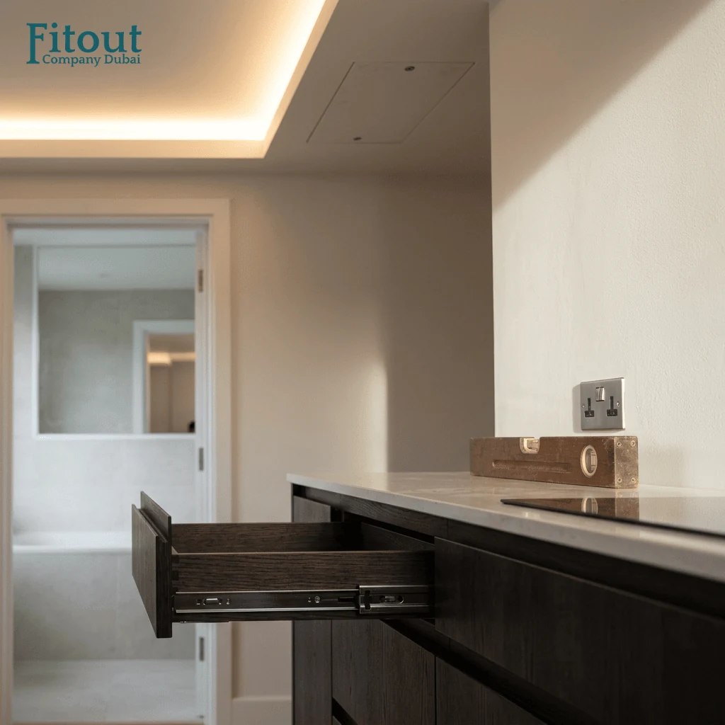 Open soft close drawer and cove lighting checked during post handover fit out snagging