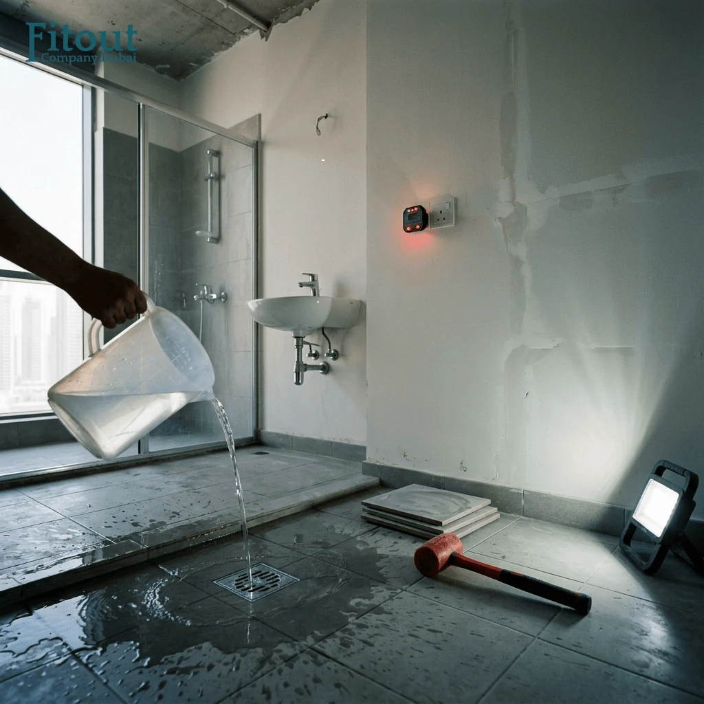 Water poured on a bathroom floor to test drainage during a pre handover fit out inspection