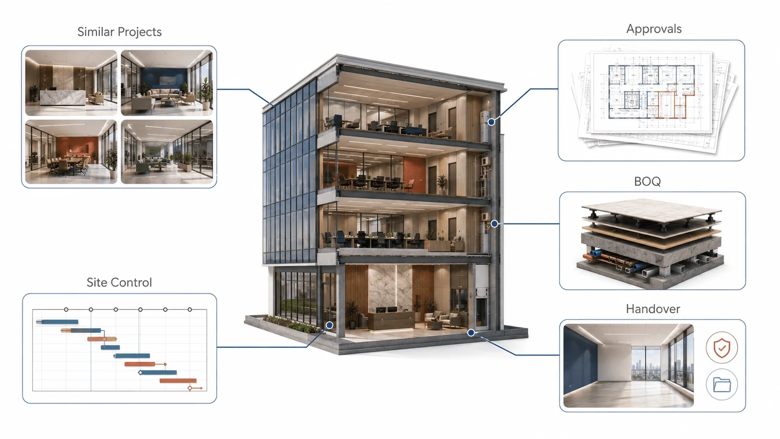 Meeting table with drawings showing questions to ask a fit out company
