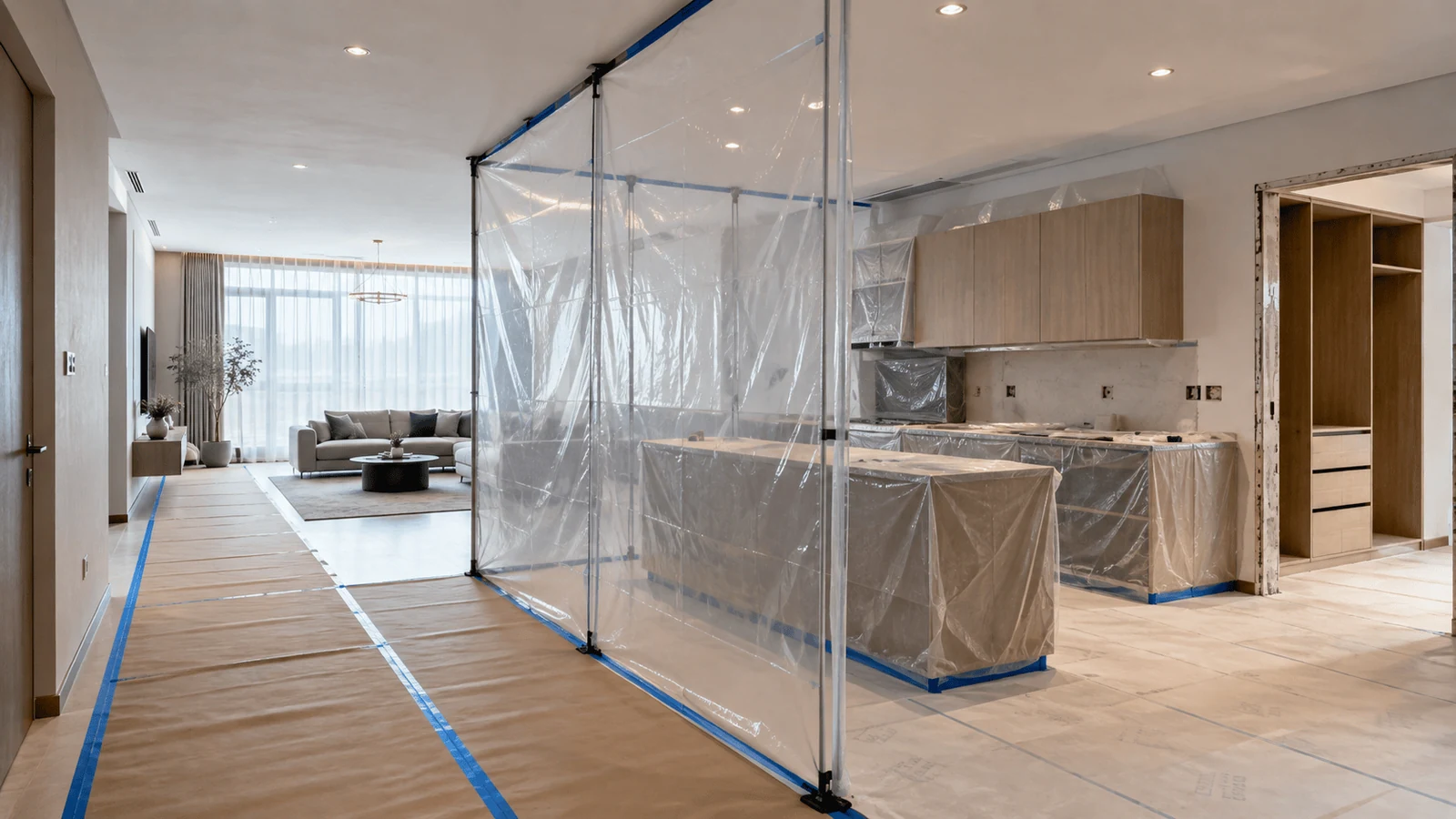 Residential interior showing kitchen and wardrobe detailing in a villa fit out