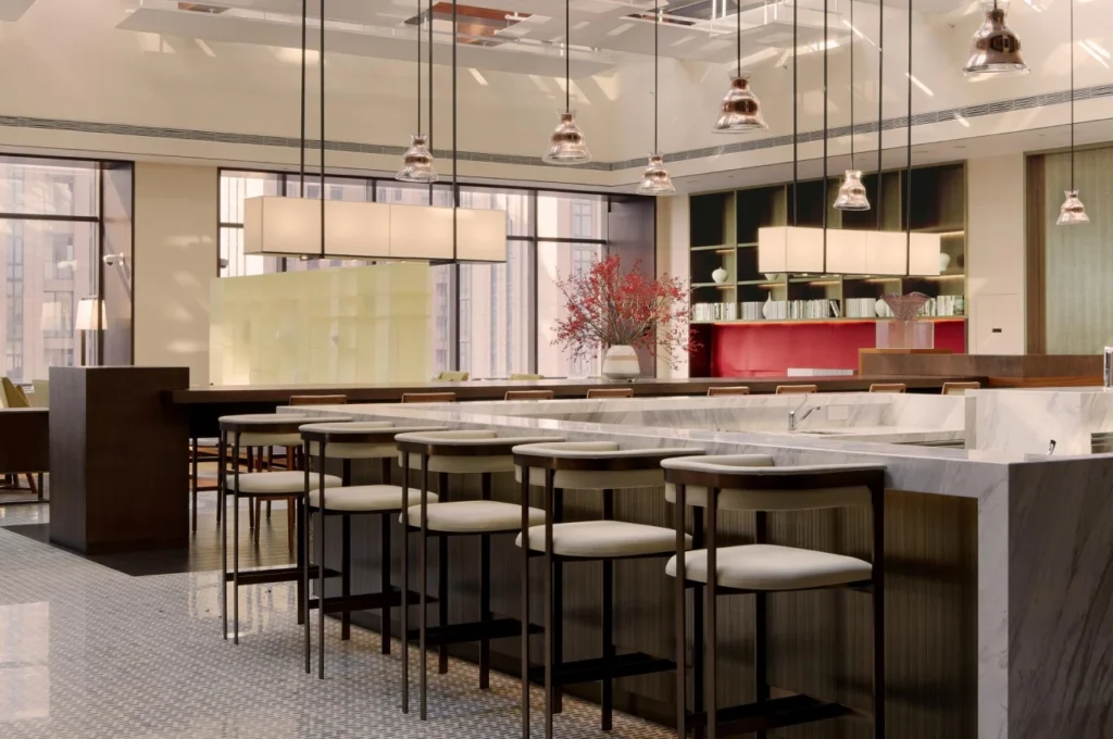 Marble bar counter and pendant lighting in a retail and restaurant fit out in Dubai